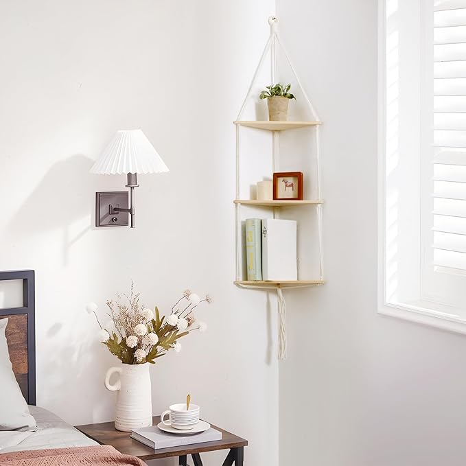 Artilady White Corner Floating Shelves Wall Hanging- Macrame 3 Tier Corner Shelf Plant Wall Decor Boho Rustic Wooden Storage Orgnizer for Bedroom Living Room Pots Photos