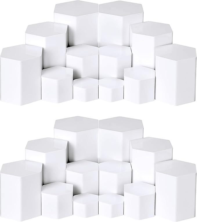Jetec 6 Pcs Hexagonal Jewelry Display Risers Hexagonal Market Display Risers Stands Acrylic Showcase Acrylic Stand for Jewelry Model Figures Decoration, 6 Sizes (White)