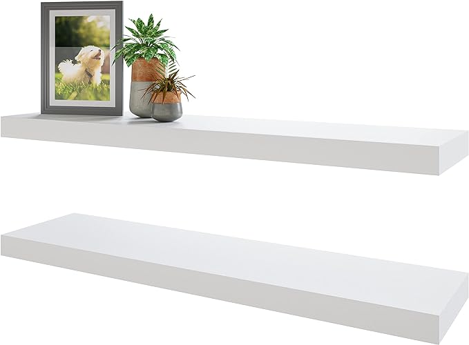 BAMEOS Floating Shelves, 31W x 8D Wall Mounted Display Shelves with Invisible Brackets, Set of 2 | Lightweight Décor Shelf for Bedroom, Living Room, Bathroom & Entryway White