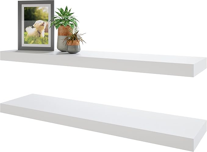 BAMEOS Floating Shelves, 35 in W x 7in Wide Display Shelf with Invisible Brackets, Set of 2 | Gallery Wall & Accent Décor Shelf for Bedroom, Living Room & Entryway White
