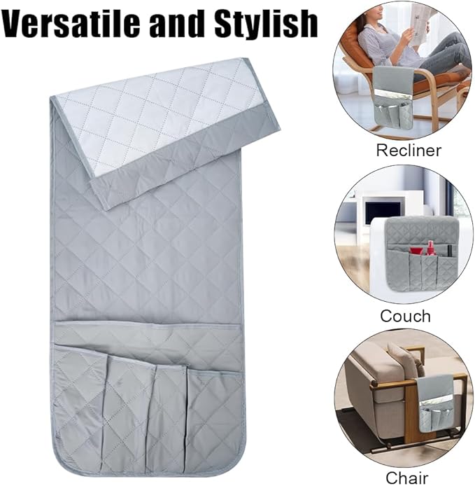 RETON Sofa Armrest Organizer with 5 Pockets, Non Slip Remote Control Caddy with 8 Pieces of Hook and Loop Fasteners, Armchair Caddy Holder Storage for Magazine Recliner Book TV Phone (Gray)