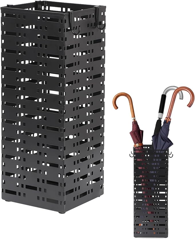 Tefola Metal Umbrella Stand ,Metal Umbrella Holder with 4 Hooks,Square Mesh Umbrella Holder for Home, Entryway, Office, Hotel & Supermarket(Black, 16.5 x 6.5 x 6.5Inch)