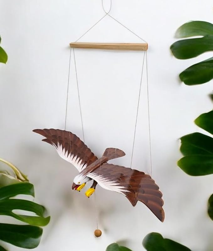 WitnyStore Wooden Bird Mobile 25" Brown Flying Eagle Hand Made Painted Wood Flapping Wing Birds Hanging Ceiling Decor Wind Chimes Handcrafted Art Animal Decorative Collectibles Décor Gifts Souvenirs