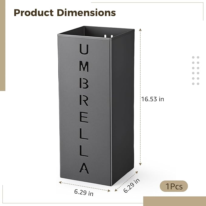 Square Metal Umbrella Holder Stand, Free Standing Umbrella Rack with Hollow Letter Pattern, Coated Steel Walking Stick Storage Bin for Indoor Entryway, Home, Office and Hotel
