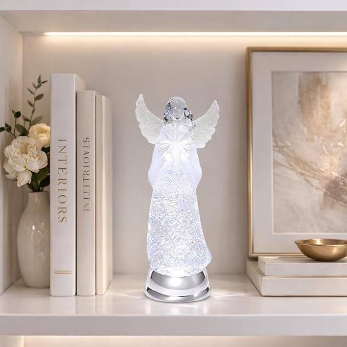 Christmas Angel Snow Globe Water Spinner LED Light Battery Operated Glitter Angel Figurine 12.8” Tabletop Christmas Decoration Holiday Home Décor by Moments in Time