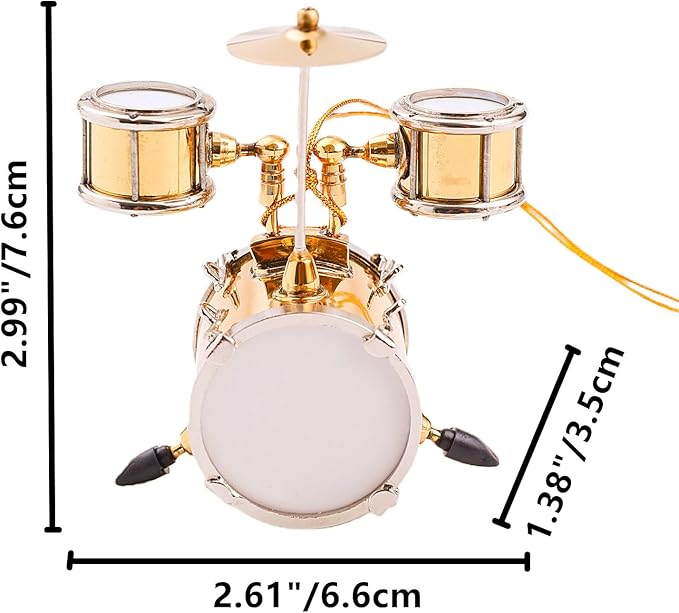 2.99" String Miniature Drum Set Hanging Ornament Brass Mini Musical Instrument Replica Music Birthday Gifts Holiday Tree Home Decoration Display Ornament Model (2.99", Drum)
