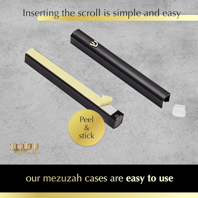 Pack of 5 Matte Black Aluminum Waterproof Mezuzah Case, Fit up to 5" / 12cm Mezuzah Scroll, with Embossed Gold SHIN, Easy Peel and Stick (Scroll Not Included)