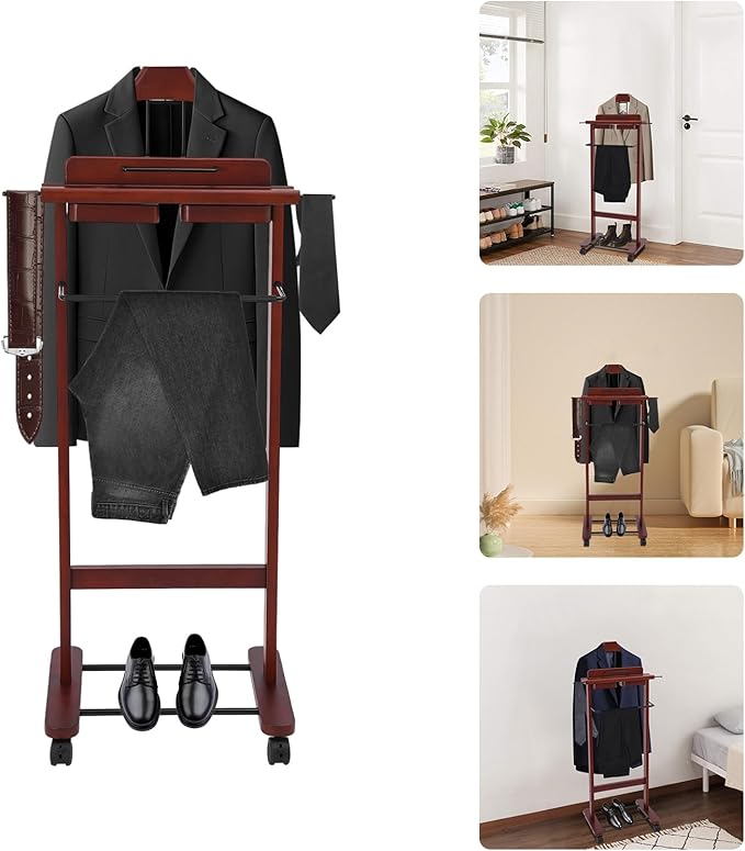 Clothing Valet Stand, Wood Suit Rack, Freestanding Valet Stand for Women and Man, 17"x12"x44" Suit Stand for Home Hotel Office (Reddish Orange)