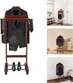 66.14 Lbs Capacity Wood Valet Stand, Clothes Valet Rack with 4 Universal Wheels, Freestanding Clothing Stand with Drawers Tie Rods and Shoe Rack, Reddish Orange
