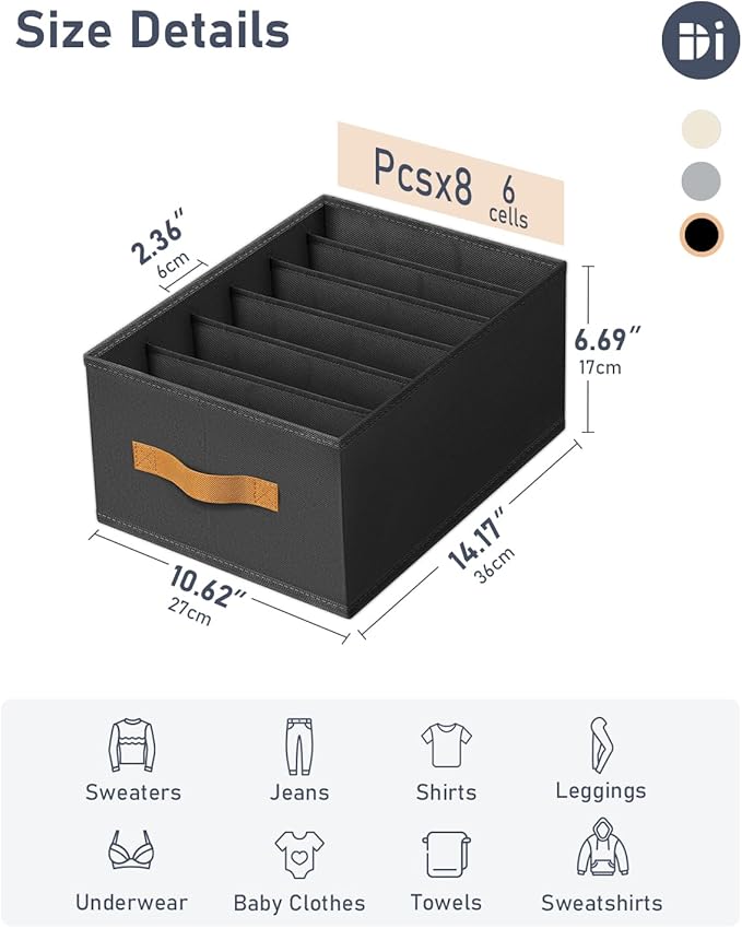 DIMJ Wardrobe Clothes Organizer, 8 Packs Fabric Closet Storage Organizer with Handles, Foldable Closet Organizers Dividers for Clothing Jeans Pants Sweater T-shirt