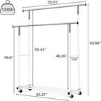 Double Clothing Rack, 55.51 Inch Garment Rack with Wheels and Bottom Shelf, 130LB Capacity Heavy Duty Rolling Clothes Racks for Hanging Clothes, Coats, Shirts, Sweaters, Skirts, White