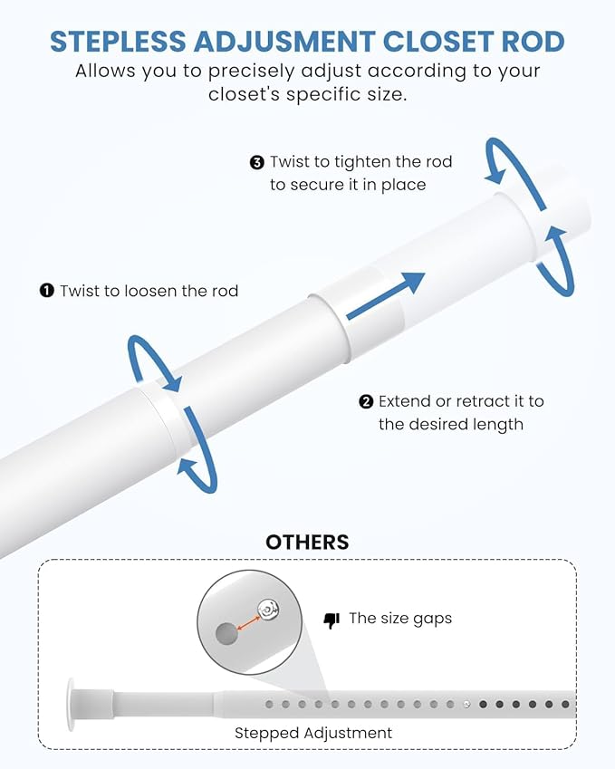 2 PACK Closet Rods for Hanging Clothes, 17 to 54 Inches Stepless Adjustable Metal Closet Rod, 1.3 Inches Heavy Duty Clothes Hanging Rod for Closet Wardrobes Laundry RV, White