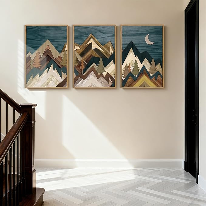 BINCUE Framed Mountain Wall Art Landscape Wall Decor Moon and Nature Artwork Mountains Wall Pictures Nature Landscape Art Prints Rustic Mountain Paintings for Farmhouse Bedroom Living Room Office 16x24 Inches Set of 3