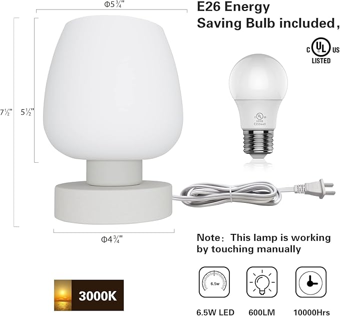 ONEWISH Small Bedside Lamp for Bedroom, 3-Way Dimmable Touch Control, 600 Lumen Bright Opal Glass Shade, 7.5 Inch Ultra Compact Nightstand Lamp, Warm White 2700K LED Bulb Included, Modern Design