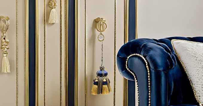 Elegant Hand-Crafted 4" (10cm) Key Tassel, 3 1/2" (8.5cm) Loop Accented with Crown Tassels (Style# KTAX4) Nautical Gold Multicolor #1152 (Light Gold, Yellow Gold, Navy Blue) Pack of 2
