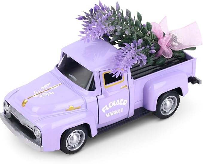 Lavender Metal Truck with Lavender Bouquet Farmhouse Vintage Mini Metal Truck Pickup Farm Tiered Tray Decor for Farmhouse Country Home Elegant Purple Pickup Table Decorations