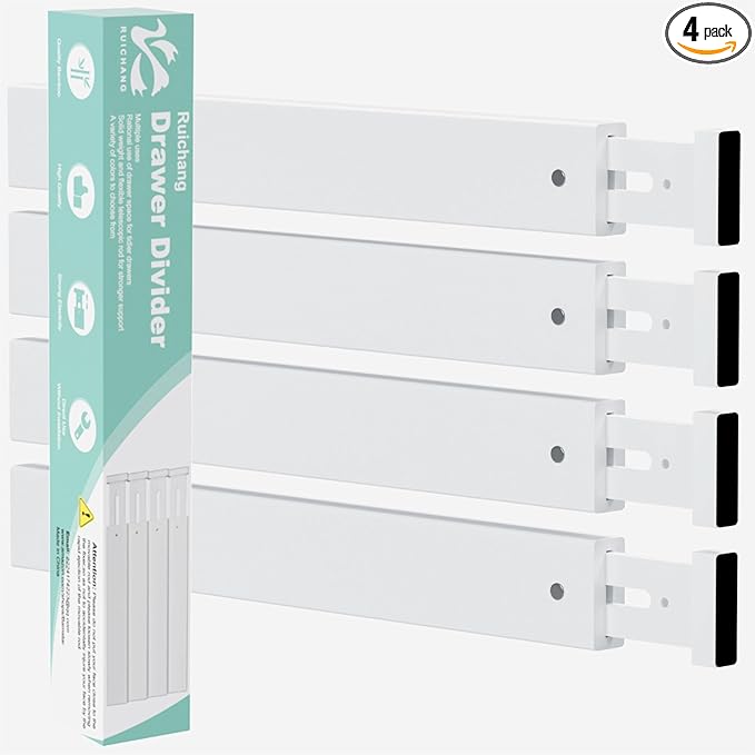 Ruichang Bamboo Kitchen Drawer Divider 4 Pack,17-22" Adjustable Utensil Drawer Organizer for Dresser Bathroom Bedroom,White