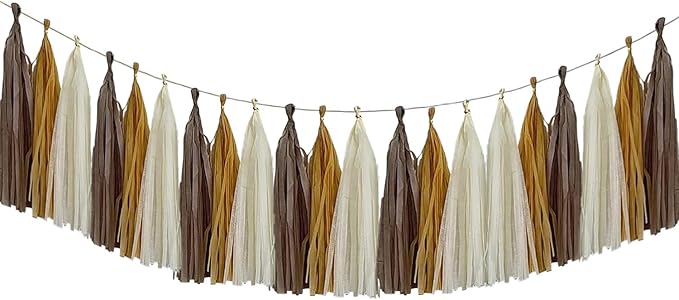 15Pcs Brown Paper Tassel Garland,Tissue Tassel Banner for Boho Rustic Neutral Wedding Bridal Shower Western Party Decoration(Browe, Kraft, Beige)