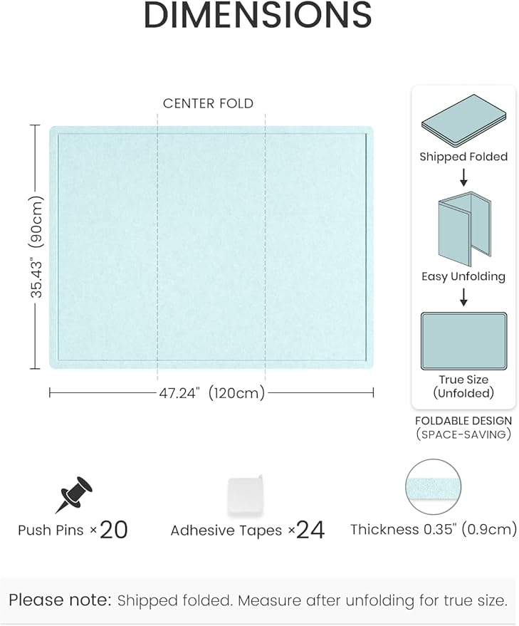 Fluxynara Large Bulletin Board, 47.2" x 35.4" Cork Board Alternative with 24 Safe Removable Adhesive Tabs, Foldable Felt Pin Board for Home Office, Classroom, Bedroom,Entryway for Walls—Aqua Blue