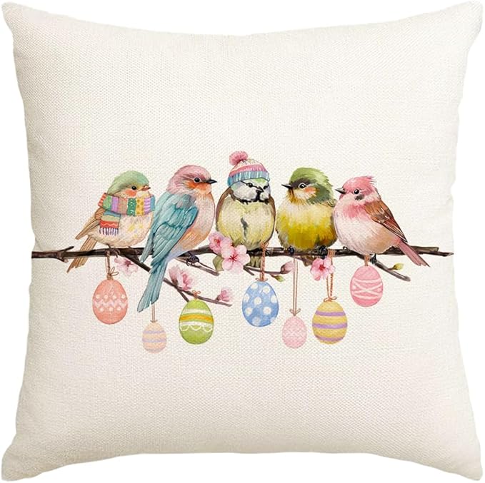 RABUSOFA Easter Pillow Covers 18x18 inch Easter Decorations Pink Birds Colorful Eggs Throw Pillows for Bedroom Sofa Holiday Festivals Home Decor