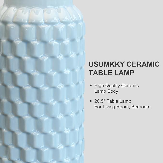 USumkky 20.5" Light Blue Modern Ceramic Bedside Lamp Set of 2 for Bedroom Decor Farmhouse Table Lamp for Living Room Office Dorm