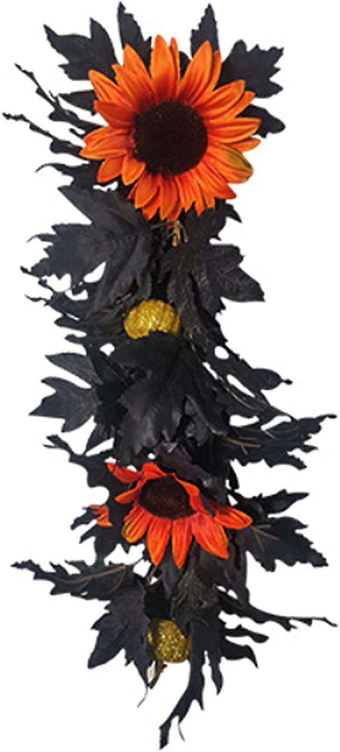 Artificial Rose Flower Swag,Artificial Sunflower Swag, 24 Inch Decorative Swag with Pumpkins Berries and Black Leaves for Halloween Home Front Door Lintel Wedding Arch Party Tabletop Wall Decor(#1)