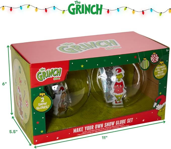 Dr Suess The Grinch Snow Globe Kit, DIY Snow Globe, Includes 2 Globes, Glitter, Sequins, Stickers – The Grinch and Max