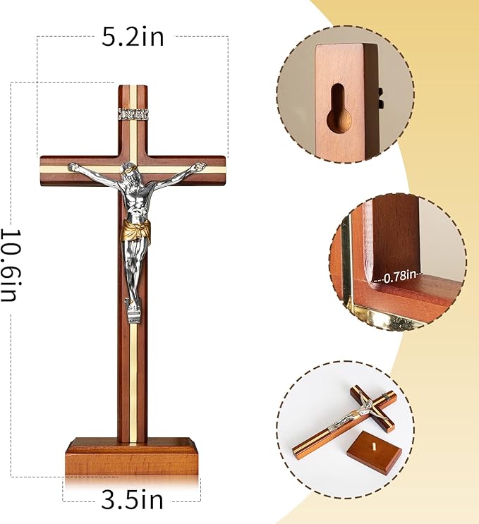 KUXBET Standing Crucifix Cross with Detachable Stand 10.6 Inch Catholic Wooden Jesus Christ Wall Hanging Cross for Home Decor - Antique Gold (10.6" L x 5.2" W)