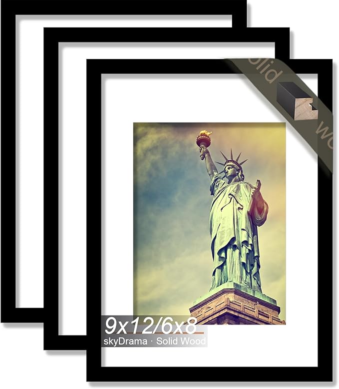 100% Solid Wood 9x12 Picture Frame Set of 3, Black Frame Display Photo 6x8 with Mat or 9 x 12 without Mat, 9by12 HQ Matte Black Frame for Wall - 3 Pack/Black/9"x12"