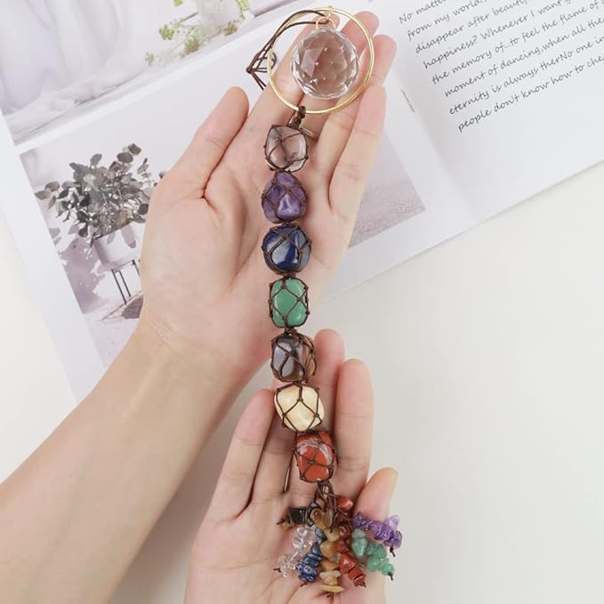 Handmade Crystal Window Car Hanging Ornaments 7 Chakra Home Decoration Feng Shui Ornament Yoga Meditation Car Decoration Tumbled Palm Stones (Crystal)