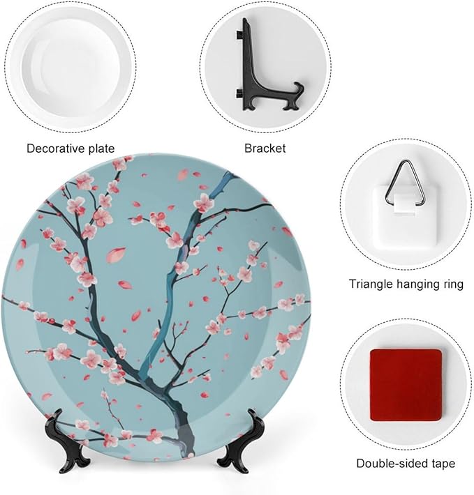 Japanese Spring Theme Decorative Ceramic Plate Round Porcelain Plate,Sakura Tree Branches Pattern,for Decorative Ornaments Giving Plates, 1 Plate with 1 Display Stand,Blue Pink,7 inch