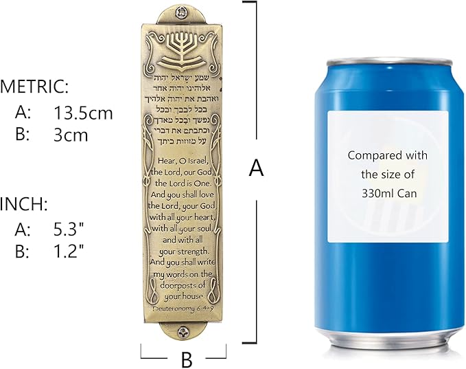BRTAGG Metal Mezuzah For Door, Install Use Double-sided Tape, 5.3" Tall, English & Hebrew Scripture, Bronze, Easy Peel and Stick Mezuzahs Cover Jewish Gifts (for 4 Inches Scroll)