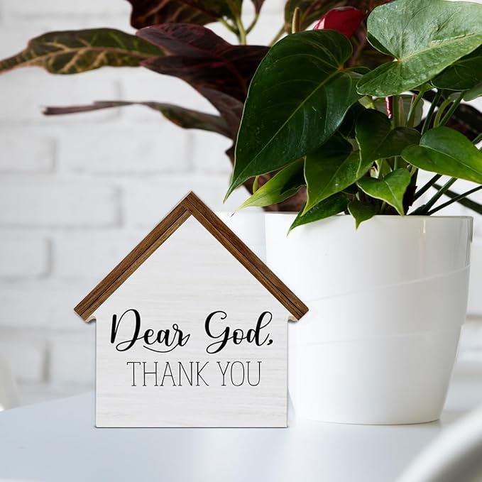 Christian Home Decor, Dear God Thank You House Shaped Wood Sign, Christian Farmhouse Living Room Decor for Desk Table Shelf