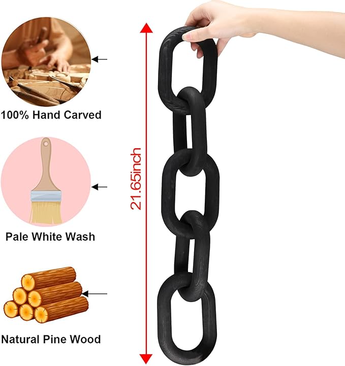 HMASYO Black Wood Chain Link Decor, 5-Link Wooden Decorative Chain Home Decor Accents, Coffee Table Decor, Shelf Decor Aesthetic, Modern Bookshelf Table Decorative Objects for Living Room