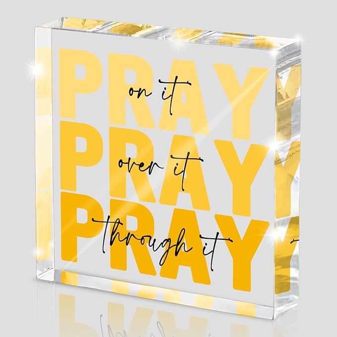 Yellow Dorm Room Decor for Women, Yellow Bathroom Decoration, Ideal Christian Gifts for Women - Pray On It,Pray Over It - Bible Verse Desk Art, Inspirational Decor, Desk Decorations for Office, 4 x 4 inches