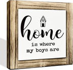 Farmhouse Home Signs, Box Sign Wood Desk Sign Decor, Wood Decoration for Living Room, Shelf Decor, Gift for Boy Mom, Housewarming Gift, Home is Where My Boys are Sign 5.9×5.9 inches