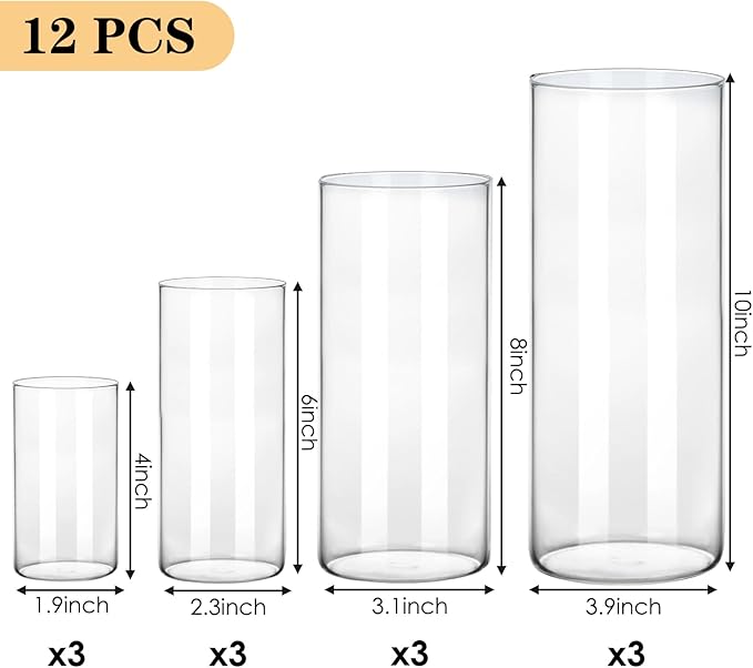 Fixwal 12pcs Clear Glass Cylinder Flower Vases, 4, 6, 8, 10 Inch Tall Cylinder Vases for Centerpieces, Glass Flower Vase Floating Candle Holder Vase for Table Shelf, Party, Wedding, Home Decor
