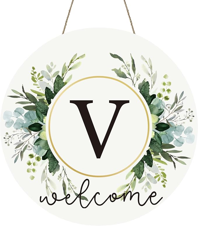 Monogram Letter V Wreaths for Front Door Wreath Wooden Welcome Sign for Front Door Decor Floral Family Last Name Initial House Warming Spring Summer Porch Rustic Wall Home Kitchen Boho Decorations