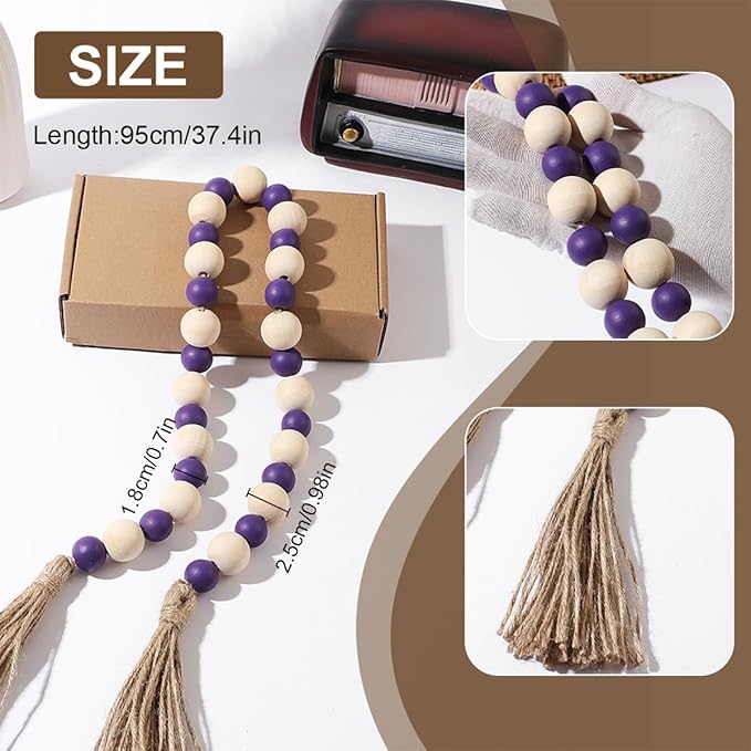 Handcrafted Farmhouse Wooden Decorative Beads Garland - Boho Natural Wood Beads with Tassel for Table Tray Mantel Shelves Decor, Rustic Vintage Garland Beaded Decor for Home & Event (32 Inches)