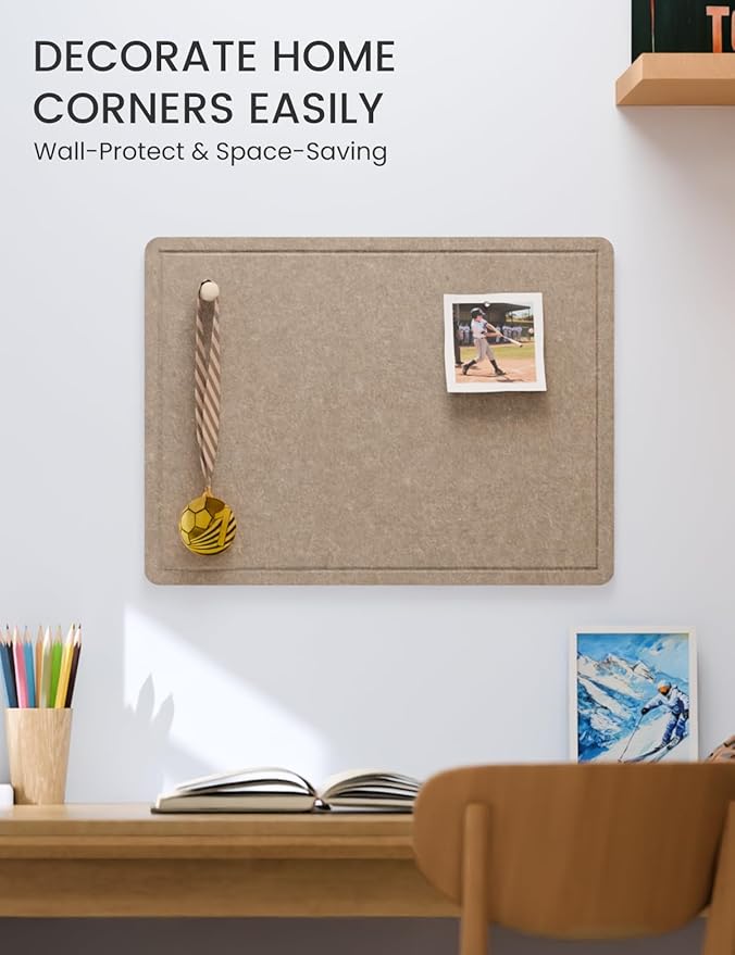 Fluxynara Bulletin Board, 23.6" x 17.5" Cork Board Alternative with 12 Safe Removable Adhesive Tabs, Foldable Felt Pin Board for Home Office, Classroom, Bedroom,Entryway for Walls—Taupe