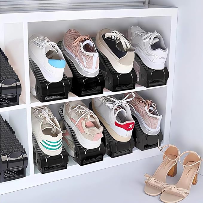 Shoe Slots Organizer, 8 PCS 4-Level Adjustable Shoe Rack Stacker, Organizador de Zapatos, Double Deck Shoe Holder for Closet Storage, No Assembly Needed, Black