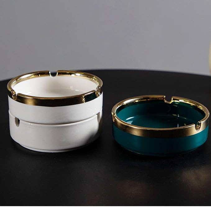 Saim Ceramic Cigar Ashtray for Men - Retro Round Desktop Ash Tray with Gold Edge, Anti-Slip Bottom, for Home Office Patio Outdoor Smoking (White)