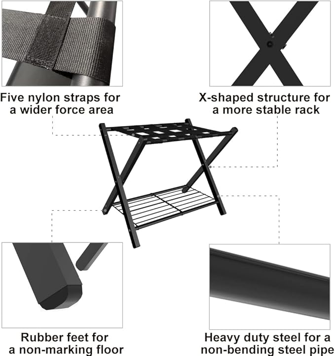 Folding Luggage Rack for Guest Room, Metal Foldable Suitcase Stand Holder with Metal Shelf for Bedroom, Black, 1 pack