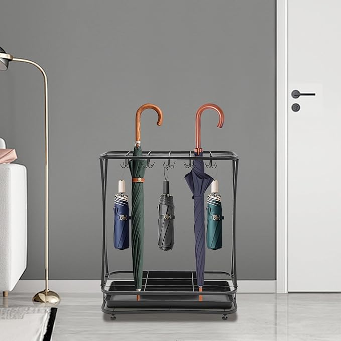 Umbrella Holder Stand,Metal Umbrella Holder Stand with Removable Drip Tray,Industrial Free Standing Umbrella Rack Organizer for Entryway Home Office Patio Decor,18 Slots 20 Hooks