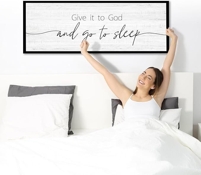 Give It to God and Go to Sleep Sign Framed Large 41''×15'' Above Bed Wall Decor for Bedroom Farmhouse Wall Decor Guest Room Decor Rustic Master Bedroom Wall Decoration Wood Wall Art (black frame)