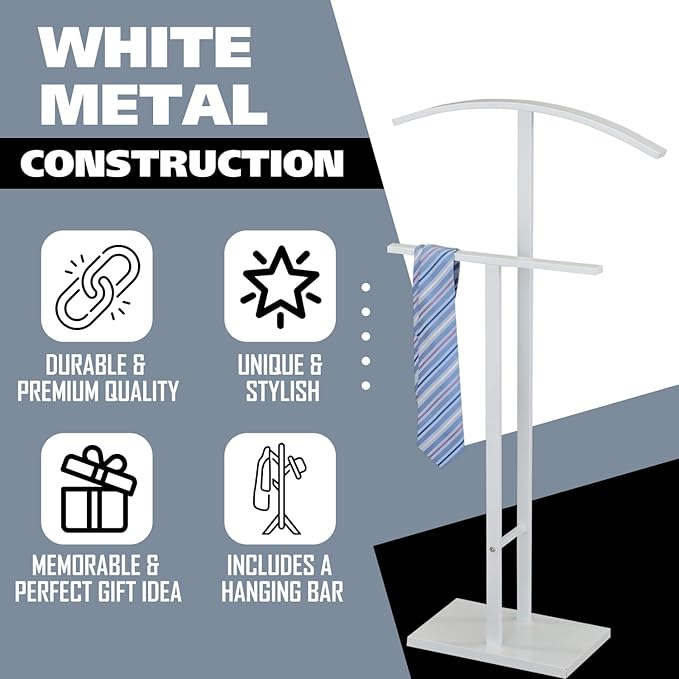 Kings Brand Furniture Dossi Modern Metal Suit Valet Stand, Clothes Rack Organizer with Jacket, Pants & Tie Holder, Space-Saving Garment Rack for Bedroom or Closet (White)