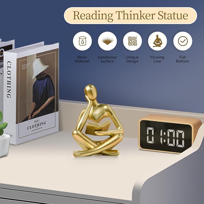 UTTCMK Abstract Art Thinker Statue - Reading Thinker Sculpture Figurine, Modern Home Decoration for Living Room Office Shelves Coffee Table Desk Decor (Gold)