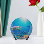 sea Turtle Theme Decorative Ceramic Plate Round Porcelain Plate,8 inch,Ocean Floor Pattern,for Decorative Ornaments Giving Plates,1 Plate with 1 Display Stand,Blue Green