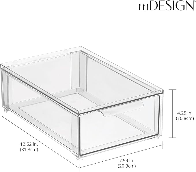 mDesign Plastic Storage Box with Drawer – Low Plastic Shoe Storage Bin – Stackable Box for Accessories etc. – Pack of 2 – Transparent