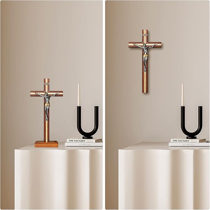 KUXBET Standing Crucifix Cross with Detachable Stand 10.6 Inch Catholic Wooden Jesus Christ Wall Hanging Cross for Home Decor - Antique Gold (10.6" L x 5.2" W)